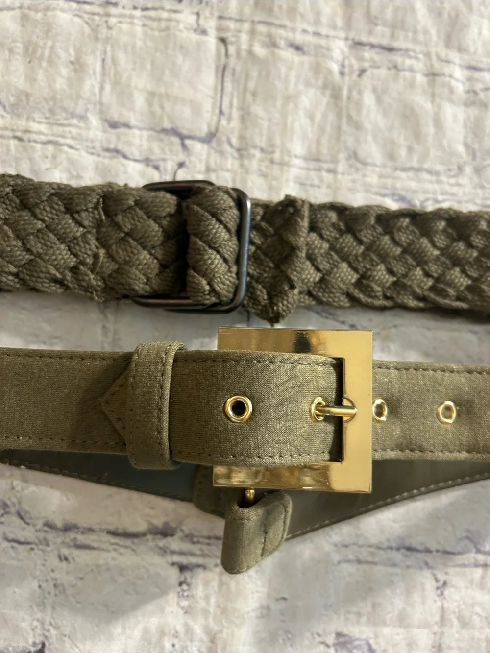 OLIVE GREEN WOVEN AND OLIVE GREEN WITH GOLD TONE HARDWARE (2) BELTS